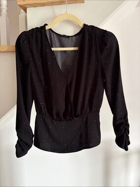 Dynamite Black Long-Sleeve V-Neck Blouse with Tiny Silver Dots